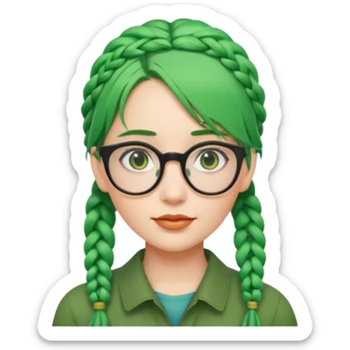 woman with green hairs, braids and  rectangle spectacle, big visible braids and unique face shape, rectangle spectacles sticker