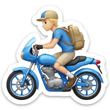 A blond guy in a cap and with a backpack on his back rides a blue sports bike sticker