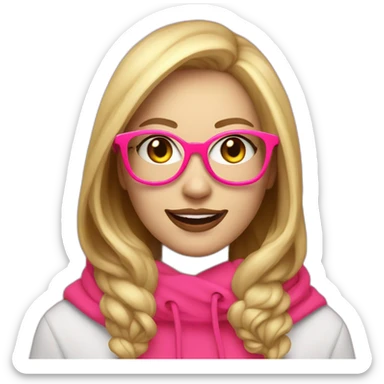 Joyful white woman with a fluorescent pink hood and playful, passionate about programming and art, blond hair red lip round and black eyeglasse sticker