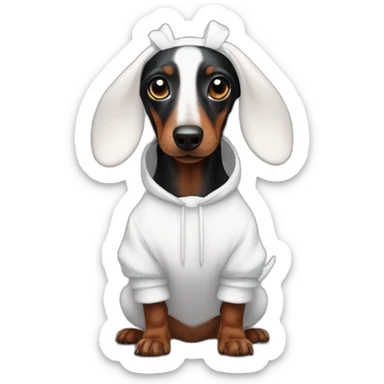 a black dachshund dog in a white bunny costume with ears sticker