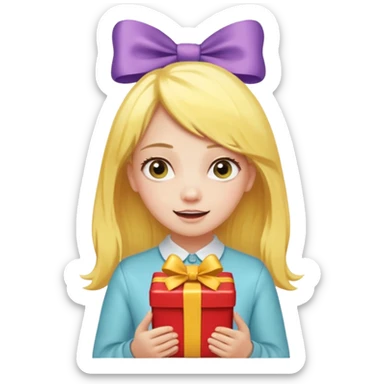 🥳🎀  sarı saçlı kız p saçının üstünde toka var tokat atmış iyi ki doğdun teyzeciğim diyor hem hediye var elimde çok kafasına tokat atmış sticker