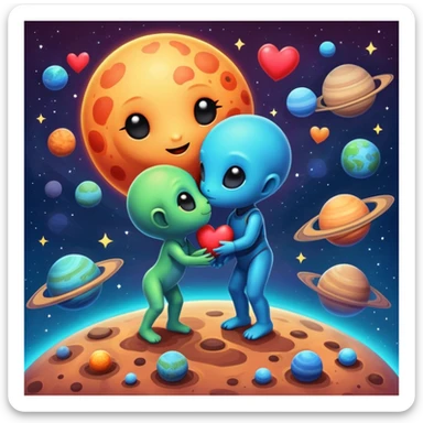 Cute cosmic scene with heart planets and small alien couples kissing and hugging on the planets, colorful solar system sticker