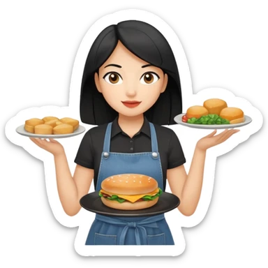 waitress with black hair and a food plate with a black tshirt and ª jeans apron. with a bigger plate and the plate with a tapa sticker