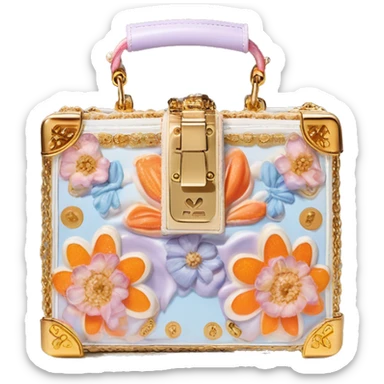 Dolce and Gabbana small box bag with white and colourful lavender light blue orange pink summer print and golden detais 2023 sticker