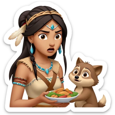 Cinematic Funny Pocahontas Portrait Emoji, Looking bewildered as Meeko steals her food, one brow raised in playful frustration, a warrior princess caught in a hilariously relatable moment, wild yet endearing! sticker