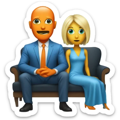 blonde alien reptilian woman in orange dress and humman man in blue, sitting on a couch  sticker