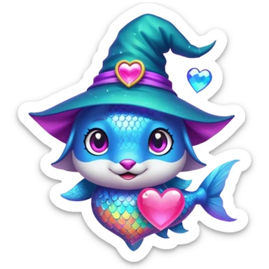 Make the rainbow fish glow with a magical aura and change the blue fox to a neon teal color, keep the purple sparkly witch hat, magical background, and big pink heart in vibrant toon style. sticker