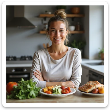 Smiling woman with healthy appearance and balanced physique, sitting at a table with a colorful and varied plate: vegetables, whole grains, lean proteins, fruit, and healthy fats. Bright atmosphere, hyperrealistic 4K details, home or modern kitchen environment. Variant 1. sticker