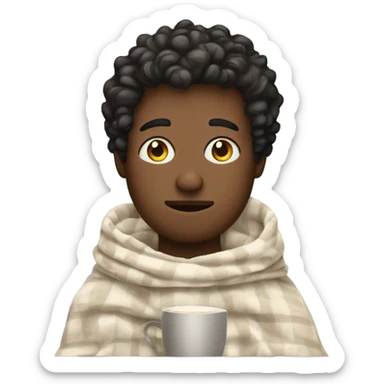 man with short curly hair black inside a blanket sipping coffe eyes closed sticker