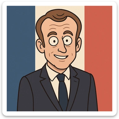 cartoon version of Emmanuel Macron with a French flag background sticker