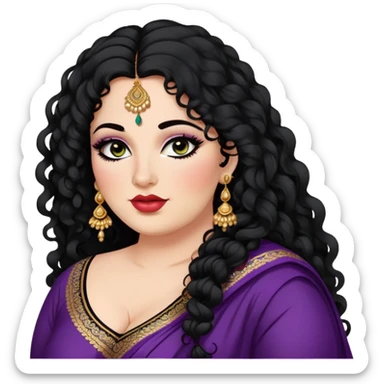 big plus size, fair skin, long black curly hair, baddie,pretty, makeup, lipgloss, black eyeliner, loose dupatta, indian
 sticker