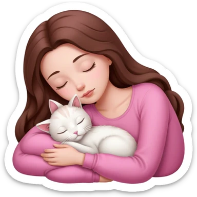 A pretty white girl with very long brown hair and pink clothing sleeping curled up to a white cat  sticker