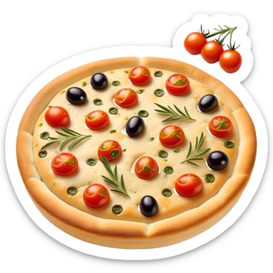 cinematic-realistic-focaccia-bread-dish-emoji,-depicted-as-a-golden,-olive-oil-brushed-flatbread-sprinkled-with-herbs-rendered-with-lifelike-texture-and-soft,-appetizing-lighting showing olives on top and the cherry tomatoes sticker