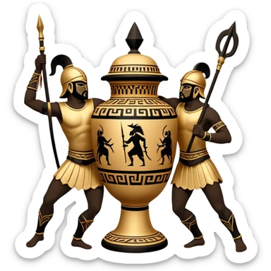 Cinematic-realistic Grecian urn, an exquisite black-figure pottery masterpiece resting in the dim glow of an ancient temple. Intricate golden depictions of two warrior fighting with spears and warriors encircle its curved form, telling timeless myths of heroism and tragedy.  sticker