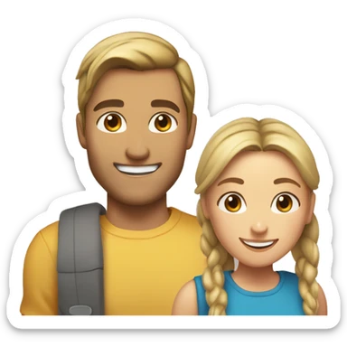 Woman and man smiling, woman has straight Brown hair in a ponytail, slightly sunkissed skin, man has blonde long hair which are in a ponytail, slightly sunkissed skin sticker