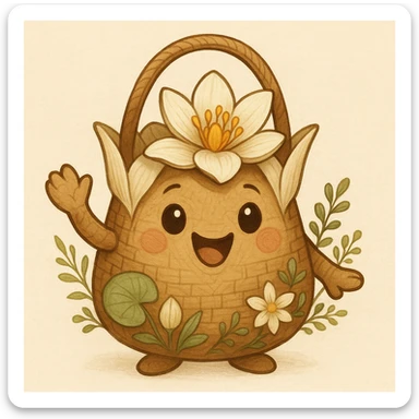 mascota para proyecto productivo que es un bolso artesanal con forma de lirio de agua, colores naturales y detalles florales, expresión alegre y acogedora, estilo detallado y amigable sticker