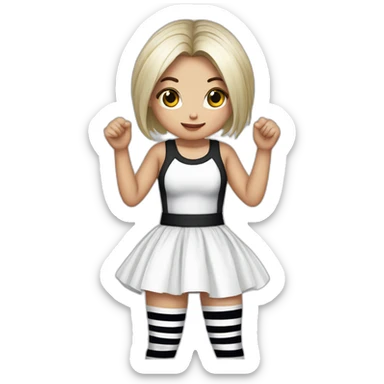 Frontal view curvy emo girl sits white skirt striped stockings hands up sticker