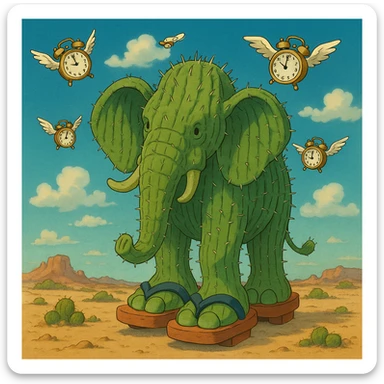 giant cactus elephant wearing huge sandals in a desert with flying alarm clocks in the sky, inspired by Lyriq LaRue from Super Brainrot sticker