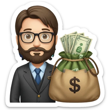 Un emprendedor (emoji con ordenador) de unos 50 años con barba y pelo largo más gafas de pasta y con un icono de ordenador y una bolsa de dinero sticker