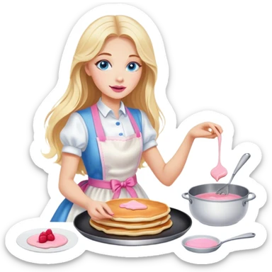 Cinematic realistic beautiful blonde with long hair, blue eyes and pink lips in a white dress cooks pancakes sticker