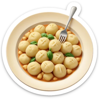 Gnocchi Cinematic Realistic Gnocchi Dish Emoji, depicted as tender potato dumplings garnished with iconic fork marks on top, rendered with soft textures and warm, inviting lighting. sticker