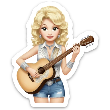 Icon for Country Music: Dolly Parton with her signature blonde curls, wearing a rhinestone-embellished outfit, holding an acoustic guitar. A classic country backdrop with musical notes, emphasizing her legendary status. Transparent background. sticker