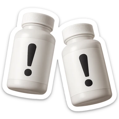 DUE BOCCETTE DI INTEGRATORI BIANCHE CON PUNTO ESCLAMATIVO NERO SULL'ETICHETTA FLUTTUANO IN ARIA, IPERREALISTICA 4K sticker