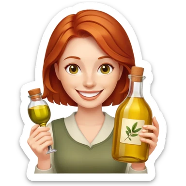 redhead woman with big smile holding olive oil bottle sticker