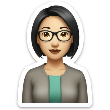 An asian woman with black hair short hair wearing clear glasses  sticker