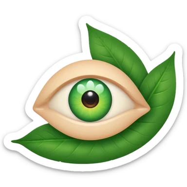 A minimalist, slightly winking eye emoji with a vibrant green leaf serving as the upper eyelid, and a tiny, sparkling white glow in the pupil. Clean, vector style. Transparent background. For a YouTube channel focused on senior health. sticker