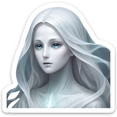 Cinematic Noble Ghost Portrait Emoji, Ethereal and dignified, with a flowing, translucent form in silvery-white hues, wispy and majestic, and a calm, otherworldly expression with deep, thoughtful eyes, simplified yet sophisticated features, highly detailed, glowing with a soft, spectral radiance, high shine, exuding regal mystery and quiet authority, with a soft glowing outline that captures the essence of a ghostly guardian drifting from another realm! sticker