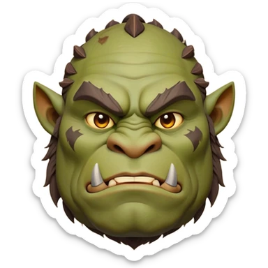 Cinematic Noble Ogre Portrait Emoji, Majestic and imposing, with a rugged, muscular form in deep earthy greens and browns, adorned with battle scars and subtle tribal markings, exuding calm, noble strength and unexpected wisdom, simplified yet strikingly detailed, glowing with a shadowy outline that captures the essence of a gentle giant with fierce heart! sticker