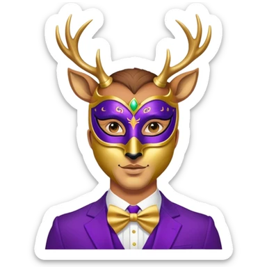a man, with a purple suit,  wear half-face golden Deer masquerade mask sticker