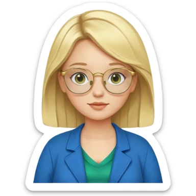 pregnant blonde 18-year old with golden glasses in a bright blue dress and a dark green jacket on top of the blue dress sticker