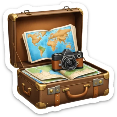 An open traveler's suitcase, from which a map, camera, and phrasebook peek out. sticker