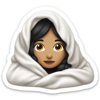 Woman with black hair  laying down cozy in a white blanket  sticker