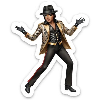 Icon for R&B Music: Michael Jackson in full body, wearing a bright, recognizable costume—sparkling jacket, black fedora, and signature glove. He is in a dynamic, energetic pose, with musical notes and abstract patterns surrounding him. Transparent background. sticker