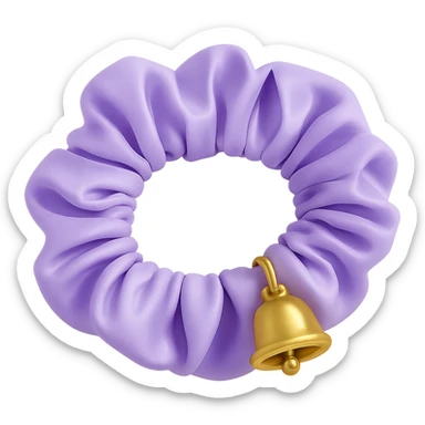 Change the gold star charm to a small Christmas bell charm on the pastel purple silky scrunchie, keep the 3D emoji style and shimmer effect. sticker