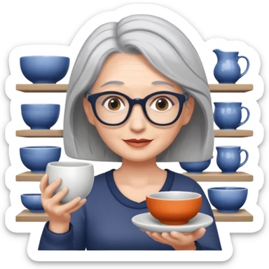 Woman with grey hair with ceramics sticker