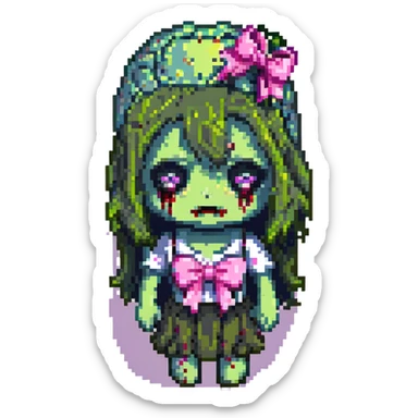 pixel art zombie girl, pink bow, exposed brain, chibi style sticker