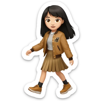 black color long hair with fringe, light skin long hair girl with brown varsity jacket and long skirt walking

 sticker
