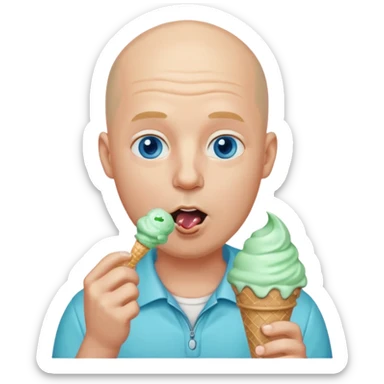 Bald man with blue eyes putting a mint ice cream cone in his mouth sticker