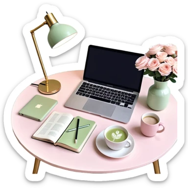 seeing a working from home desk from above with a macbook computer, fashion/interior magazines, flowers in a little vase, louis poulsen portable lamp with a dimmed cozy light and a iced matcha. very girly aesthetic sticker