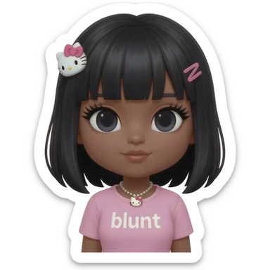 Long giant lashes, my melody hairclip, Doll faced shaped, hello kitty necklace, bimbo, black doll eyes, barbie, dark brown skin with black hair, light pink bimbo shirt says "blunt" , big breast sticker