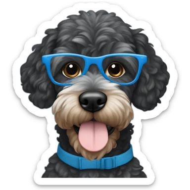 black cockapoo with white hairs on his chin wearing blue rectangle glasses sticker
