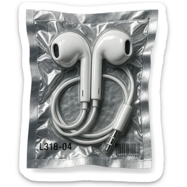 white EarPods with cable, shiny and puffy, no background sticker