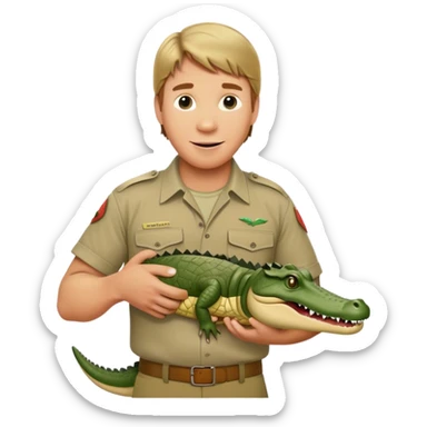 Cinematic Realistic Steve Irwin Portrait Emoji, in his signature khaki attire, holding a crocodile or giving an excited thumbs-up. The scene is lit with vibrant, natural sunlight, emphasizing his adventurous spirit and deep connection to nature. sticker