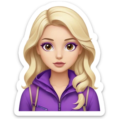Luxury blonde model, brown eyes, luxury makeup, sleek wavy beige-blonde hair, purple hiking outfit sticker