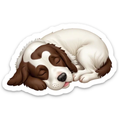 Meme-Worthy Cute Sleeping Springer Spaniel Portrait Emoji, Head resting peacefully with a contented smile, showcasing a delightfully agile build and a luxuriously soft liver and white Fur, eyes shut in a serene nap, Simplified yet hilariously adorable features, highly detailed, glowing with a soft, drowsy light, high shine, relaxed and utterly lovable, stylized with an air of playful laziness, bright and heartwarming, soft glowing outline, capturing the essence of a comically sleepy companion, so meme-worthy it feels like it could instantly become the next viral sensation of adorable slumber! sticker