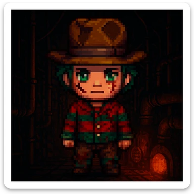 Add a spooky, nightmarish background with a boiler room and dark shadows behind Freddy Krueger, keep pixel art style sticker